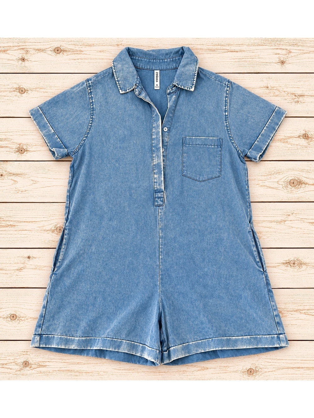 Zenana Blue Mineral Wash Tencel Romper Size Medium